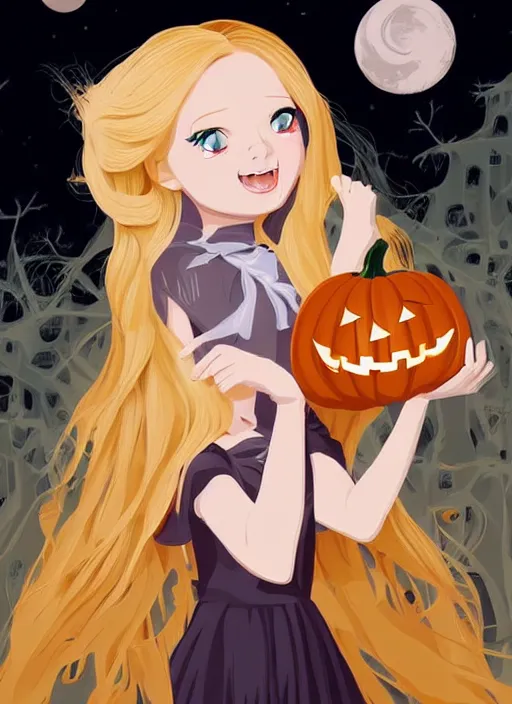 Image similar to three year old girl with long blonde hair in a halloween scene. clean cel shaded vector art. shutterstock. behance hd by lois van baarle, artgerm, helen huang, by makoto shinkai and ilya kuvshinov, rossdraws, illustration, art by ilya kuvshinov