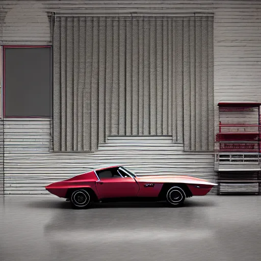 Image similar to The car is Corvette C2 1969, red paint, in a blank studio room. The car is on a perfectly flat floor. Orthographic front view of the car.