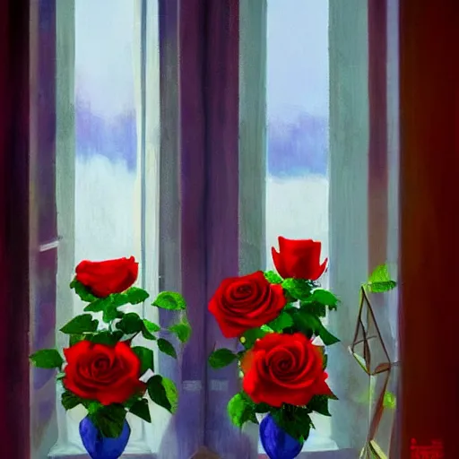 Image similar to The image would feature a windowsill with two vases. One vase containing a red rose. And the other vase containing a blue violet. The natural light from the window would be shining in on the scene. Trending on artstation