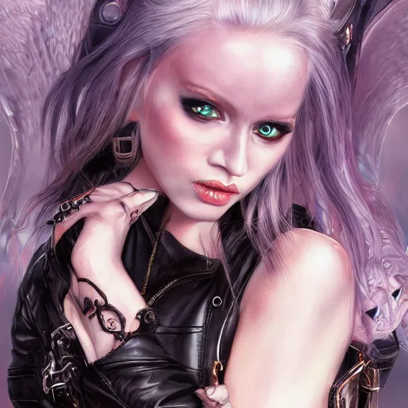 Image similar to portrait of a succubus with a black leather jacket and pajnts ,D&D, fantasy, highly detailed, digital art, artstation, smooth, sharp focus, illustration, art by Peter Tang and artgem and Alina Ivanchenko and Hirokazu Yokohara and Kago Shintaro