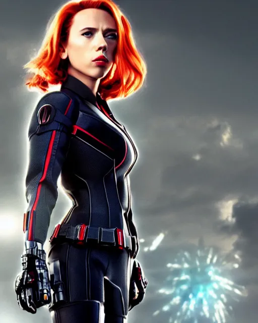 Image similar to film still of beautiful scarlett johansson wearing a fat - suit as black widow from 2 0 1 2's the avengers, cinematic lighting, octane render, backlit, rim lighting, 8 k resolution