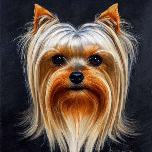 Prompt: professional painting of a Yorkshire Terrier in the style of Dino Valls, head and shoulders portrait, symmetrical facial features, smooth, sharp focus, illustration, intricate, stormy weather, extremely detailed masterpiece,