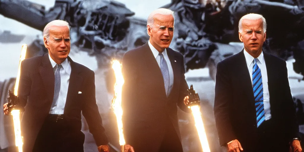 Image similar to joe biden in the terminator shooting terminator donald trump, cinematic, two characters, highly detailed, photorealistic, cinematic lighting, James Cameron