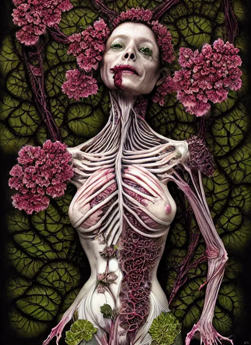 Image similar to beautiful and detailed rotten woman corpse with fractal plants and fractal flowers growing around, muscles, veins, arteries, intricate, organs, ornate, surreal, ray caesar, john constable, guy denning, dan hillier