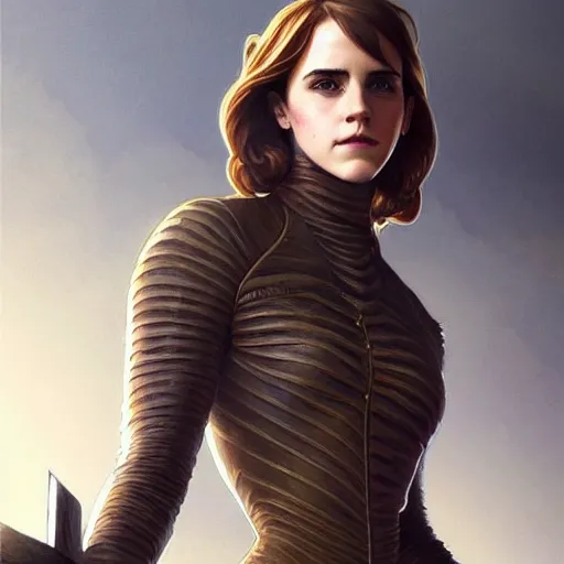 Prompt: Emma Watson in a Vault suit from Fall Out, western, D&D, fantasy, intricate, elegant, highly detailed, digital painting, artstation, concept art, matte, sharp focus, illustration, art by Artgerm and Greg Rutkowski and Alphonse Mucha