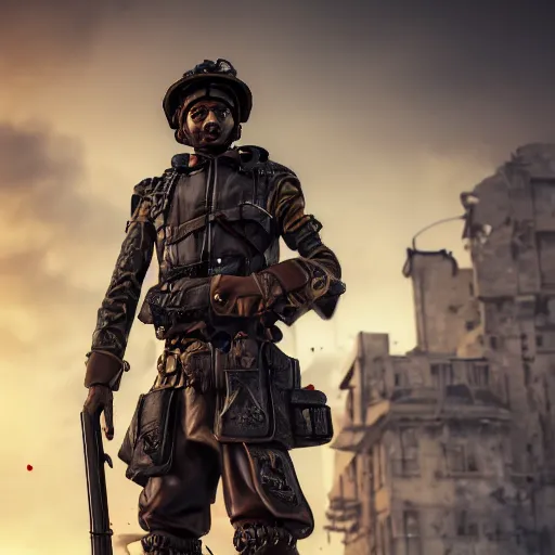 Image similar to photo of a detailed steampunk soldier with helmet carrying a steampunk rifle in his arms, standing in front of a dilapidated advanced city with citizens walking, 4k, Unreal Engine, octane render