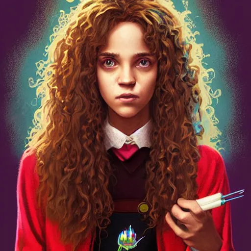 Image similar to lofi portrait of hermione granger smoking weed, Pixar style, by Tristan Eaton Stanley Artgerm and Tom Bagshaw.