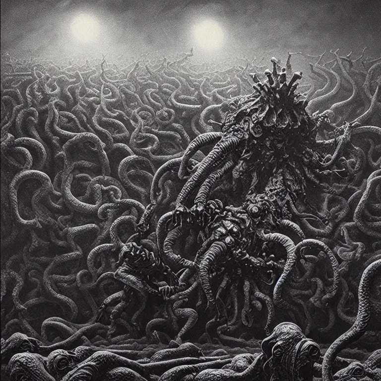 Image similar to a cinematic scene from the cthulhu fighting against the soldiers in nevada test side, lovecraft, concept art by beksinski and jean delville, dramatic lighting, ultra hd, hdr, 8 k