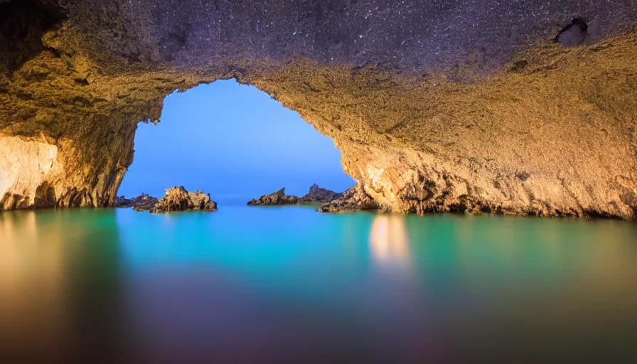 Image similar to Blue cave during the night, blue water, reflections ,moon light, incredible lighting, 4k photography award winning,