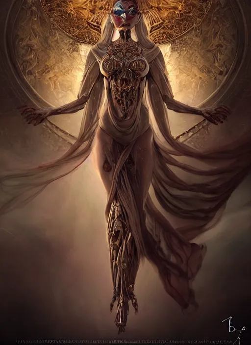 Image similar to epic portrait of menacing and agitated yet stunningly beautiful biomechanical djinn divine priestess of creation overseeing the iridescent fabric of the universe, by charlie bowater, mandy jurgens, gustav klimt, octane render, dramatic camera angle, 4k, 8k, high detail, HDR, by tom bagshaw, powerful, with inspiration from Beksinski, inspired by greek goddess Athena