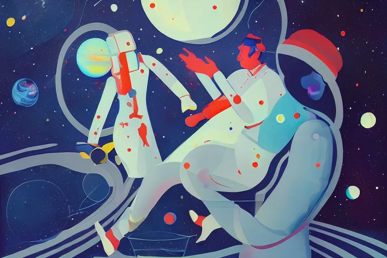 Prompt: a painting of a man and a woman in space, a computer rendering by James Jean, featured on behance, feminist art, photoillustration, surrealist, behance hd