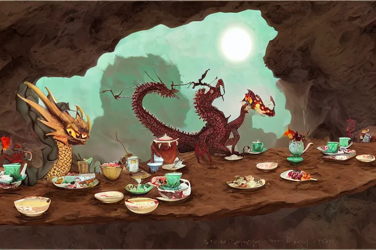 Image similar to a dragon tea party in a desert cave, digital art