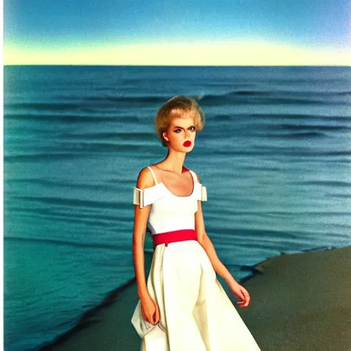 Prompt: 1 9 8 5 italia vogue magazine photo of a dress with cotton underskirt set, christian dior style, mediterranean beach background, refracted color lines, night, flash photography