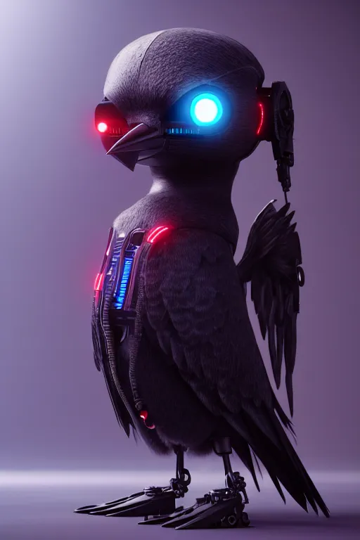 Image similar to high quality 3 d render very cute cyborg crow! incorporated speakers!, cyberpunk highly detailed, unreal engine cinematic smooth, in the style of blade runner & detective pikachu, hannah yata charlie immer, moody light, low angle, uhd 8 k, sharp focus