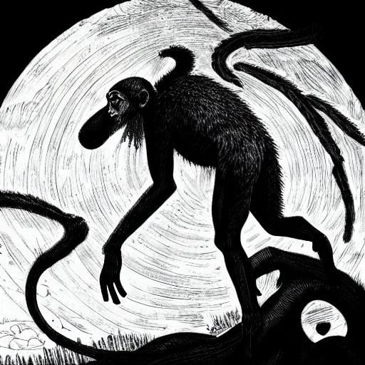 Image similar to mandrill descending from heaven, in the style of deathspell omega's fas album cover, illustration, detailed