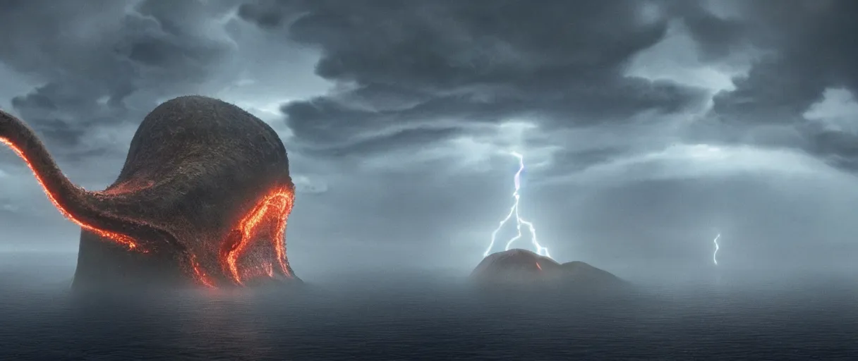 Image similar to a giant octopus god floating over a rain forest, lightning, ambient sun, a volcano erupts, still from the movie the arrival, 8k