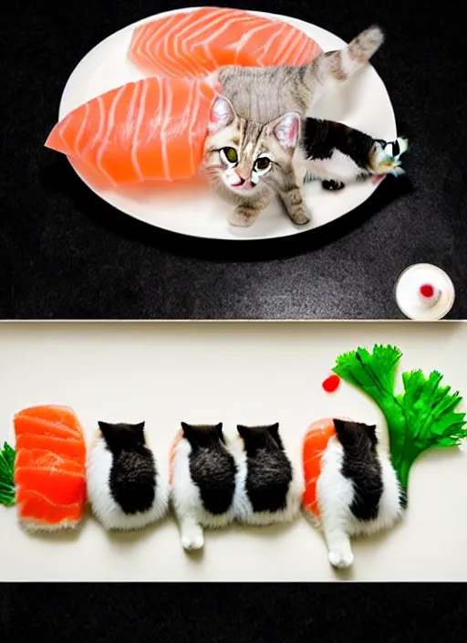 Image similar to clear photorealistic picture of adorable cats made out of sushi