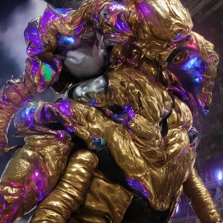 Image similar to octane render portrait by wayne barlow and carlo crivelli and glenn fabry, a giant muscular luchador wrestler wearing iridescent metallic pants and mask, leaping through the air inside a crowded rowdy arena, cinema 4 d, ray traced lighting, very short depth of field, bokeh