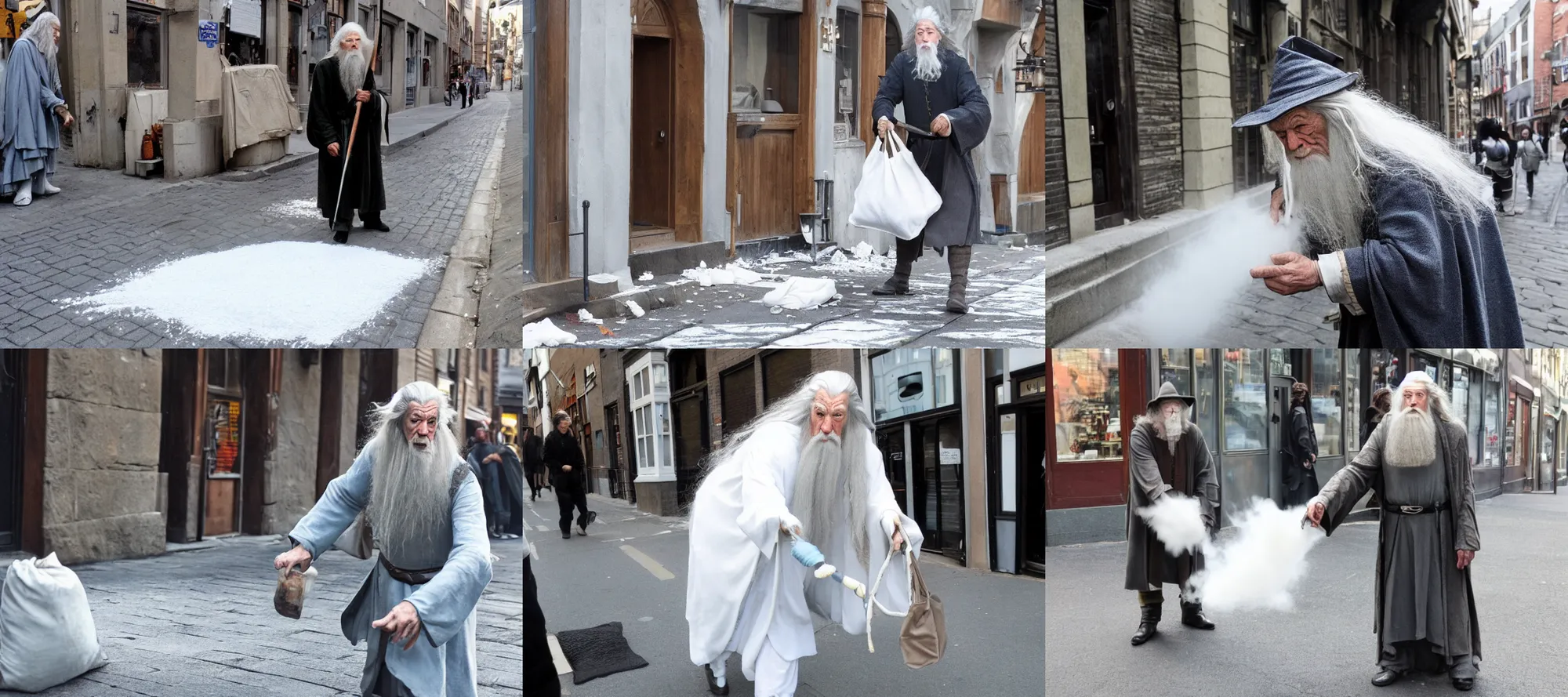 Prompt: gandalf finding a bag with white powder on the street