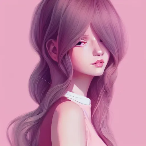 Image similar to adult female in summer dress art, pastel light pink very long hair, muted colors, matte print, pastel colors, ornate, digital art, digital painting, fan art, elegant, artstation, head is centered, by Ilya Kuvshinov