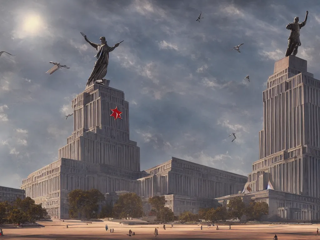 Image similar to architecture concept art by fan wennan. future capitol of the american communist party shining in the sun, communist statue and insignia, hyperdetailed, cinematic, photorealistic, hyperrealism, masterpiece, grounded communist governmental architecture, statue, imposing, strength, abundance, life