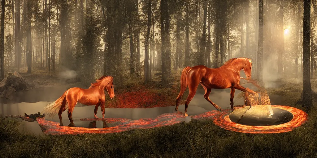 Prompt: a mirror with the shape of a horse drinking in a lava river, in the middle of a forest, in the moonlight, night realism, 4 k, octane render, award winning photograph