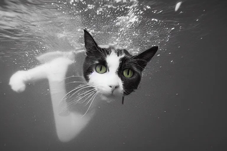 Image similar to a cat dressed as a scuba diver swimming underwater, photo-realistic low lighting, creepy, vast, shot by a camera,