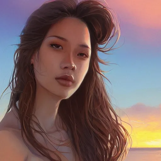 Image similar to portrait of beautiful woman on the beach, brown eyes, symmetrical face, sunset, highly detailed, photorealistic, by wlop, rossdraws, artgerm.