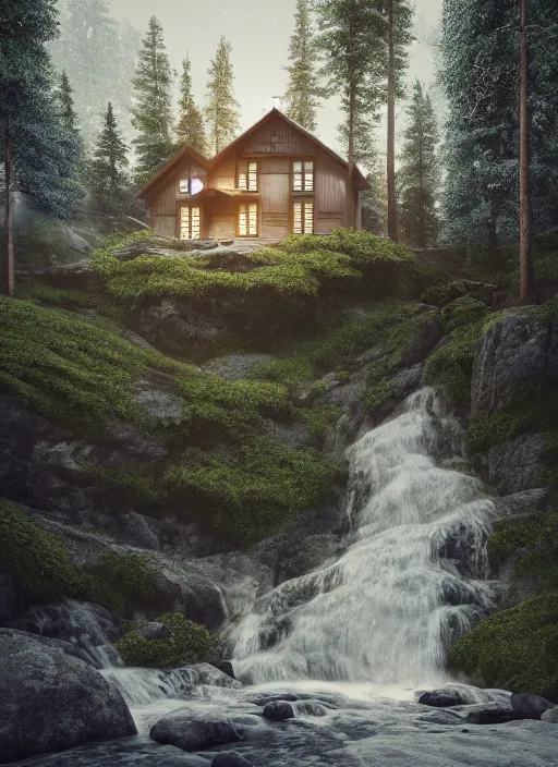 Image similar to beautiful large scandinavian house in the forest on a hill, a large waterfall flows down from the mountain in the background, octane render, fabulous, hyper detailed, random cinematic view, no noise, global illumination, warm lighting, volumetric, godrays, vivid, by jordan grimmer