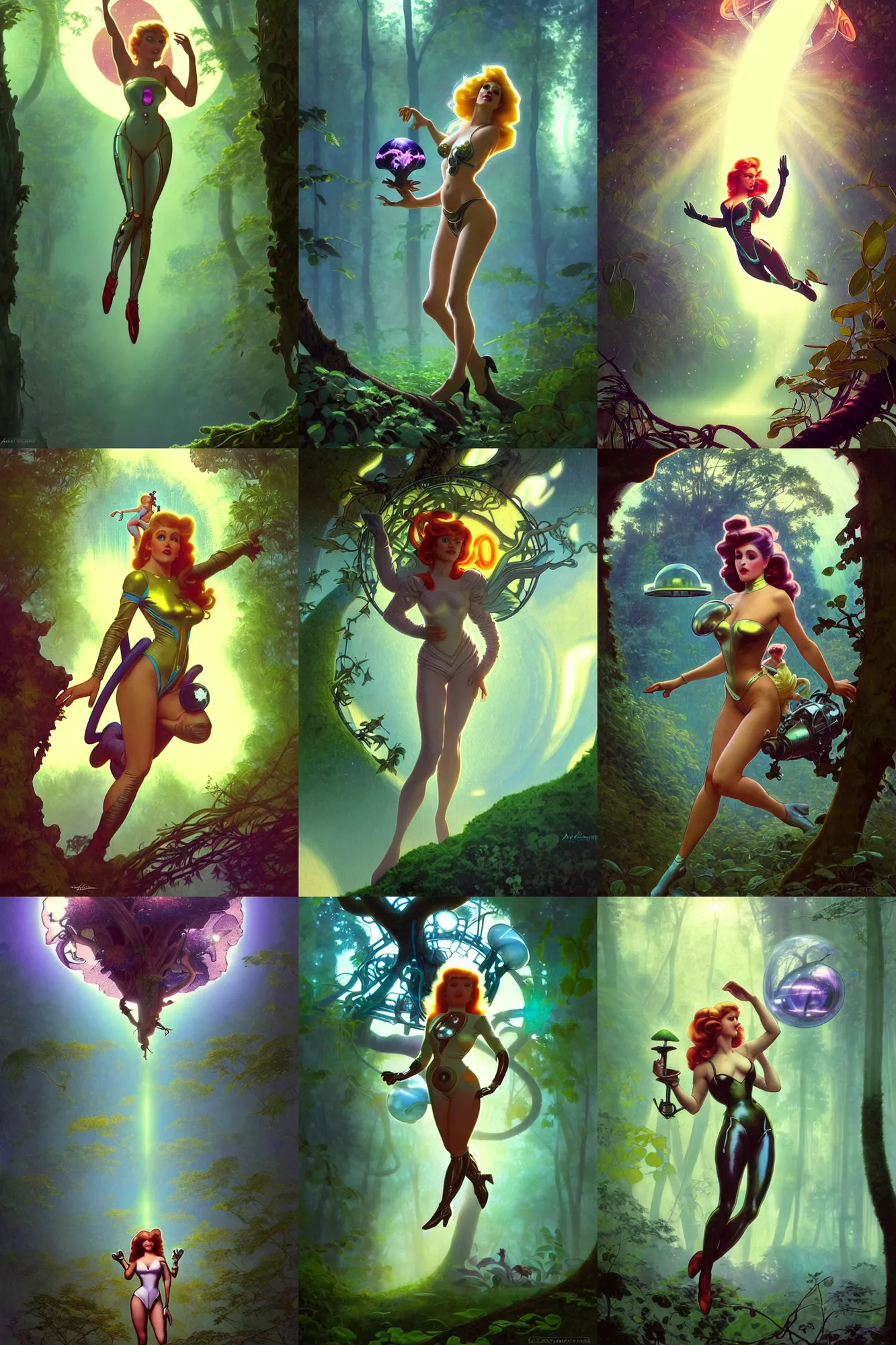 Prompt: retrofuturistic barbarella flying around with her jetpack discovering the enchanted forrest looking at magic mushrooms and the mossy trees and the tiny neon fairies flying around, art by artgerm and greg rutkowski and alphonse mucha and frank frazetta, low light, foggy at dawn, sunlight visible through tree leaves, misty, magic, atmospheric