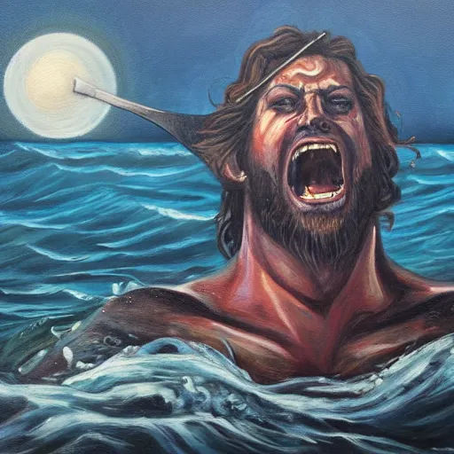 Image similar to portrait of proud and screaming Poseidon rising from the ocean, ready to fight with trident, oil painting, dark colors, sinister atmosphere