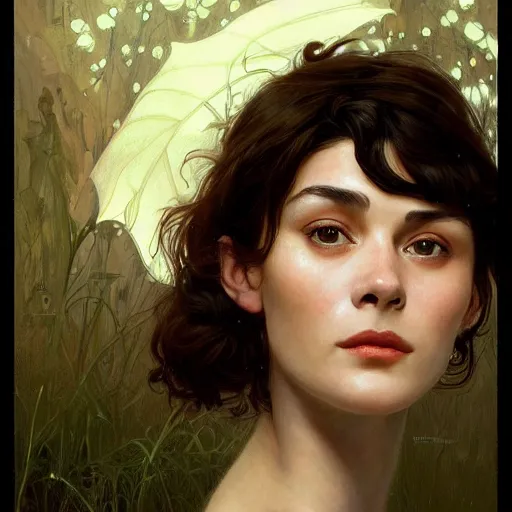 Image similar to portrait of a welsh girl with brown hair, glowing skin, delicate features, amelie poulain, young audrey tautou, fantasy, intricate, elegant, highly detailed, digital painting, artstation, concept art, smooth, sharp focus, illustration, art by Krenz Cushart and Artem Demura and alphonse mucha