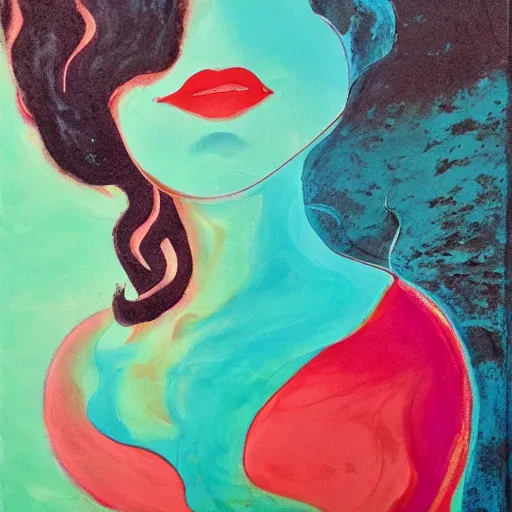 Prompt: beauty silhouette drowning in a turquoise wavy sea, feminine, healing, appeasing, waves, tsunami, she loves another one, mental health, oil painting, by francis bacon, emotional conflict, hd, 8 k, trending on artstation, paradoxal, perfect framing, neo - expressionism, expressive