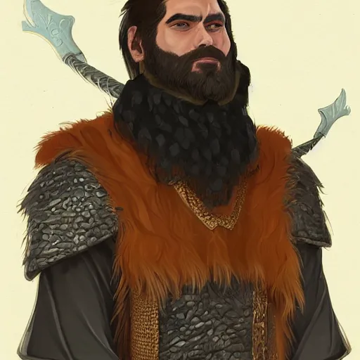 Prompt: A portrait of a king with a trimmed beard, dual wielding swords, wearing dragonscale armor and a cheetah pelt cloak, fantasy, artstation