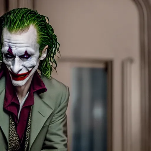 Prompt: film still of Tilda Swinton as joker in the new Joker movie