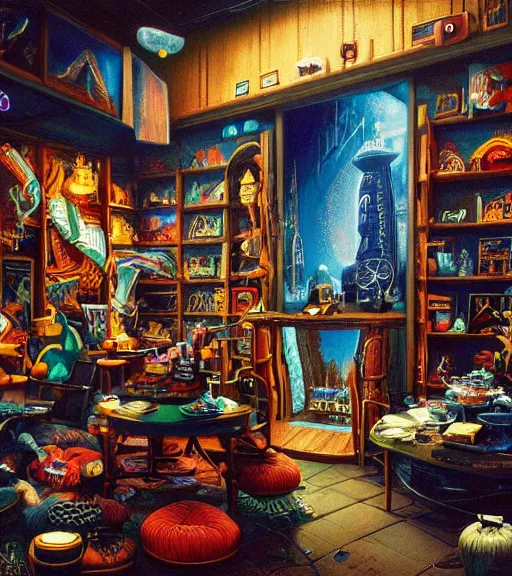 Prompt: cozy seattle store. vantablack cloth technology, vintage shapes, retro technology, happy colors dariusz zawadzki, tim hildebrandt, wayne barlow, bruce pennington, larry elmore, oil on canvas, deep depth field, masterpiece, cinematic composition. dramatic zoom, hyperdetailed, hd, hdr