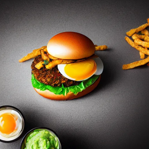 Image similar to vegan hamburger with guacamole topping crispy fried onion topping and fried egg topping, crispy buns, side view, 3 toppings, 8 k resolution, studio lighting, sharp focus, hyper - detailed