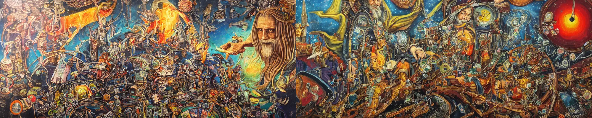 Prompt: a wizard that only knows conjure pinball, canvas painting, high detail, wall mural