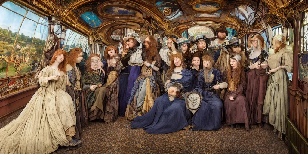 Image similar to incredibly beautiful breathtakingly detailed colour preraphaelite photograph group portrait of a amazingly cool odd characterful people sat down, in the inside of the beautiful underwater train to atlantis, every face amazingly detailed lifelike expressions, full of crowd of people sat down wearing unusual clothes, ultra wide angle, 4 k