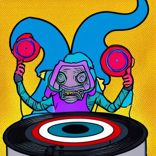 Prompt: svg sticker of a Pop-Wonder Alien-Bog-Monster-Swamp-Rat-Thunder-Coot-Racing-Fan at a rave, spinning records, giant headphones rocking out, wearing headphones, huge speakers, dancing, rave, DJ, spinning records, digital art, amazing composition, rule-of-thirds, award-winning, trending on artstation, featured on deviantart