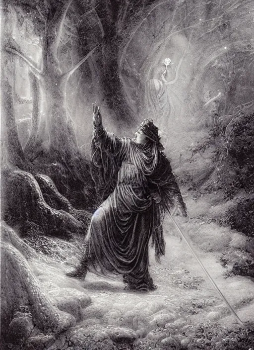 Prompt: a mage casting a frost spell by frederick morgan and gustave dore and delphin enjolras