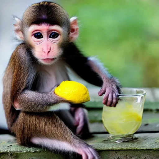 Image similar to cute baby monkey drinking lemonade,