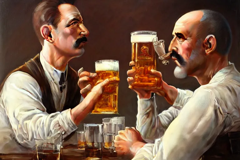 Image similar to portrait painting of wright brothers drinking beer together, ultra realistic, concept art, intricate details, serious, highly detailed, photorealistic, octane render, 8 k, unreal engine. art by artgerm and greg rutkowski and alphonse mucha