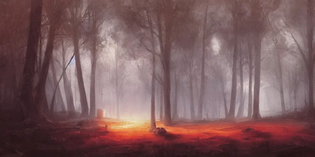 Image similar to an old house with red light on from the windows during the night in a forest, a men stand up in front of the house, mystical fog, oil on canvas, details, a desert road next to the house, illustration, art by andreas achenbach and alena aenami