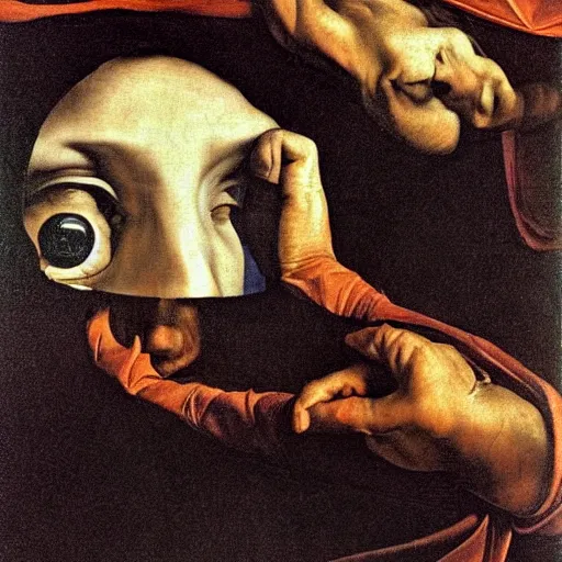 Image similar to the eyeless see all, by Caravaggio, by Michelangelo, by M.C. Escher, very detailed and colorful, beautiful, eerie, surreal, psychedelic