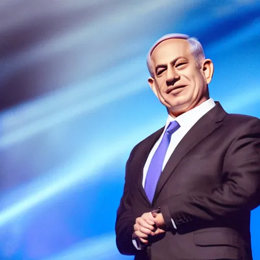 Image similar to photograph of benjamin netanyahu on stage singing in the eurovision representing israel, stage lighting, sharp focus, cinematic composition, wide shot, highly detailed