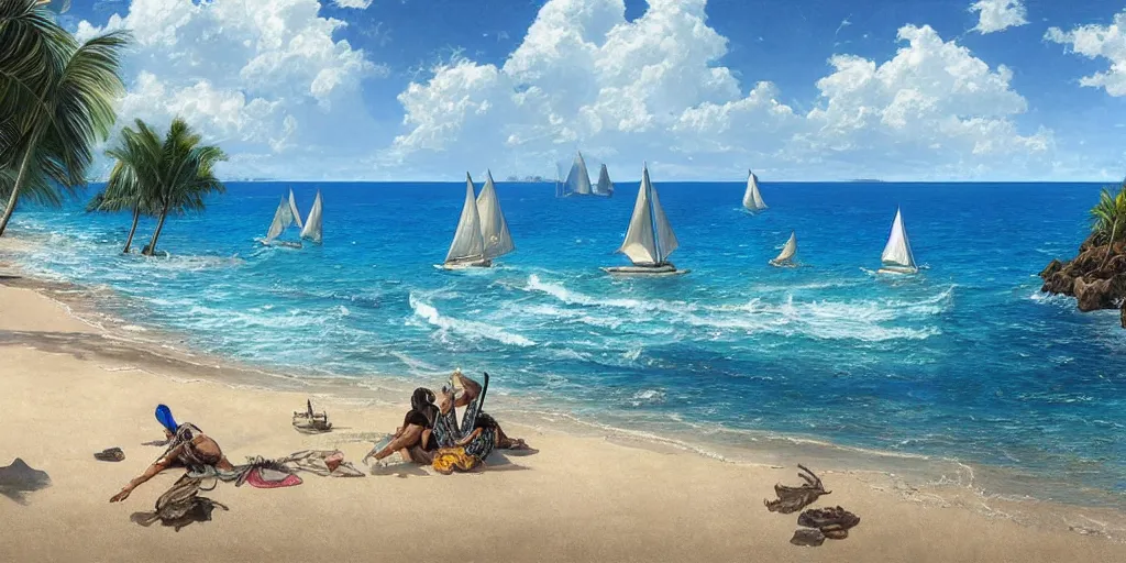 Image similar to ultra realistic illustration,, a beach in tanzania with sailboats in the distance, tropical blue water intricate from baldurs gate, elegant, highly detailed, digital painting, artstation, concept art, smooth, sharp focus, illustration, art by artgerm and greg rutkowski and alphonse mucha