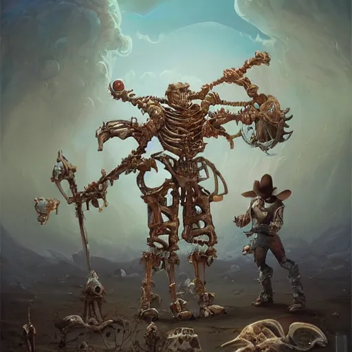 Prompt: A highly detailed monstrous mechanical cowboy made of the bones of dead enemies by Peter Mohrbacher, desert environment background by Kelly Mckernan, trending on artstation, HD, 8k,