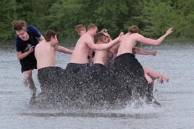 Image similar to Group of teenagers push rolls roys into lake from small slide