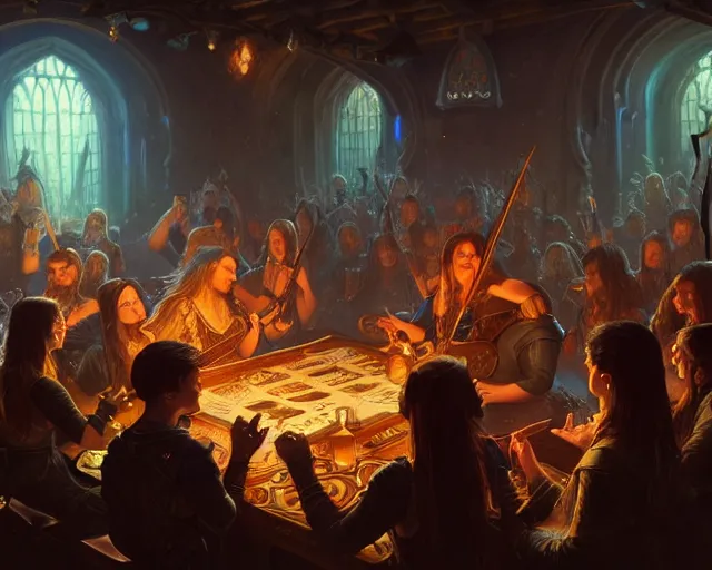 Image similar to photography of blind guardian playing a tavern concert, 8 k, deep focus, d & d, fantasy, intricate, elegant, highly detailed, digital painting, artstation, concept art, matte, sharp focus, illustration, hearthstone, art by artgerm and greg rutkowski and alphonse mucha